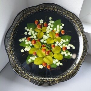 VTG Russian Zhostovo Hand Painted Floral Metal TRAY Folk Art Signed Strawberries